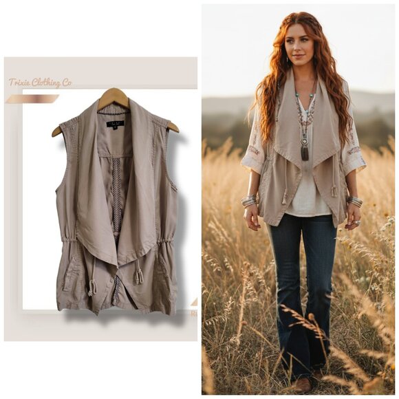 🌿Trixxie Clothing Co. Women's Large Tencel Draped Collar Drawstring Vest Jacket - Picture 1 of 16